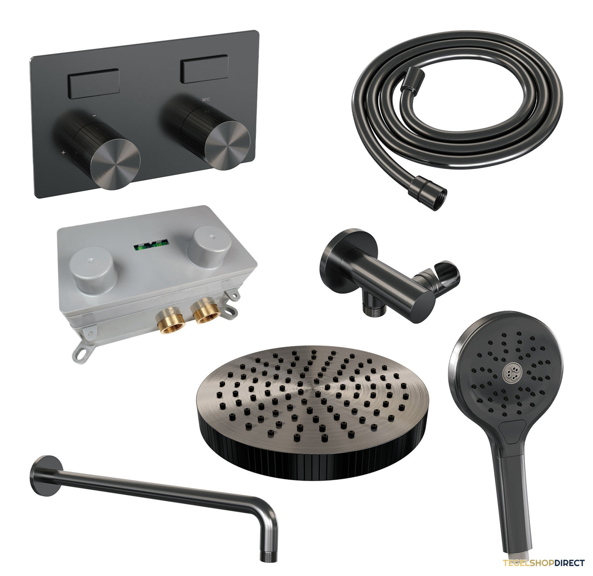 Brauer Stripe thermostatische inbouw regendouche met drukknoppen SET 29 met 25 cm douchekop en gebogen muurarm en 3-standen handdouche en doucheslang en wandaansluitbocht gunmetal geborsteld PVD – afbeelding 3