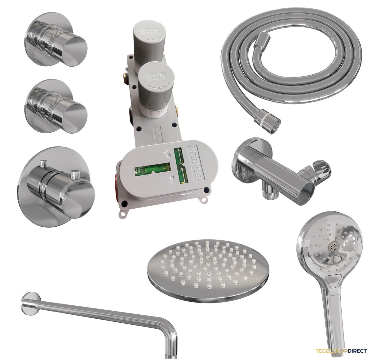 Regendoucheset Inbouw Brauer Chrome Edition Thermostatisch 20cm met Gebogen Wandarm en Handdouche 3-Standen Losse Stopkranen Chroom – afbeelding 9