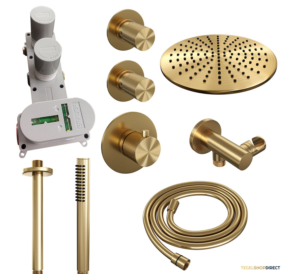 Regendoucheset Inbouw Brauer Gold Carving Thermostatisch 30cm met Plafondarm en Handdouche Staaf Losse Stopkranen Geborsteld Goud – afbeelding 4