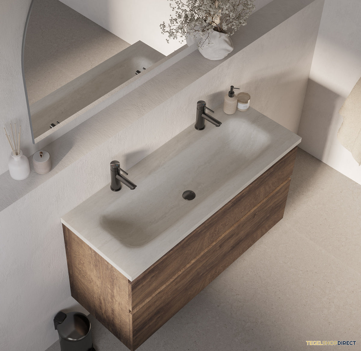 BRAUER Dune Medium wastafel 120 cm met 1 wasbak en 2 kraangaten Sintered Stone Ivory Travertin – afbeelding 2