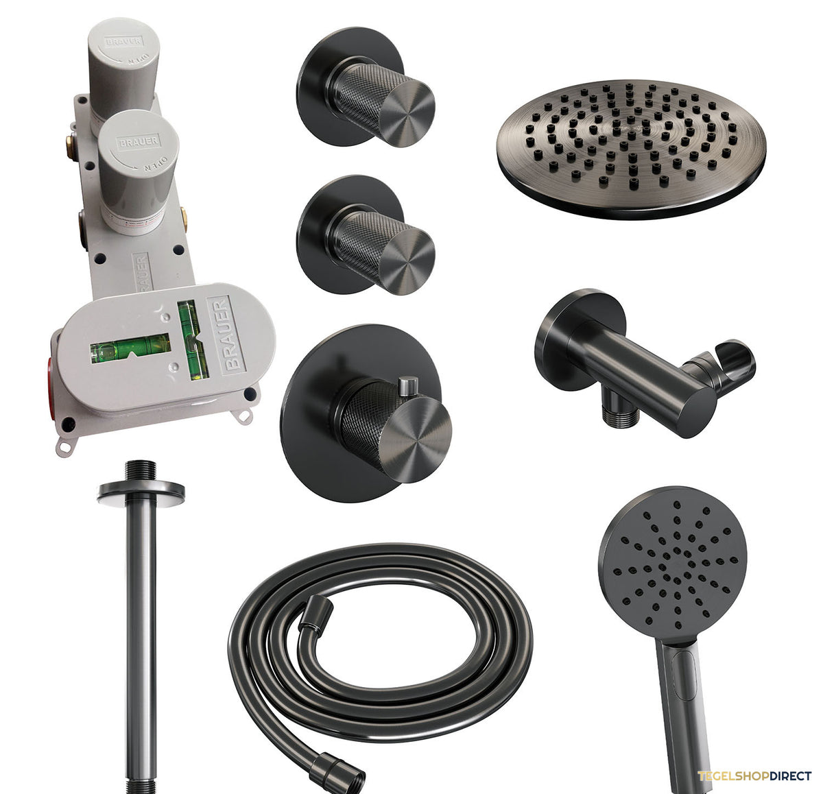 Regendoucheset Inbouw Brauer Gunmetal Carving Thermostatisch 20cm met Plafondarm en Handdouche 3-Standen Losse Stopkranen Geborsteld Gunmetal – afbeelding 3