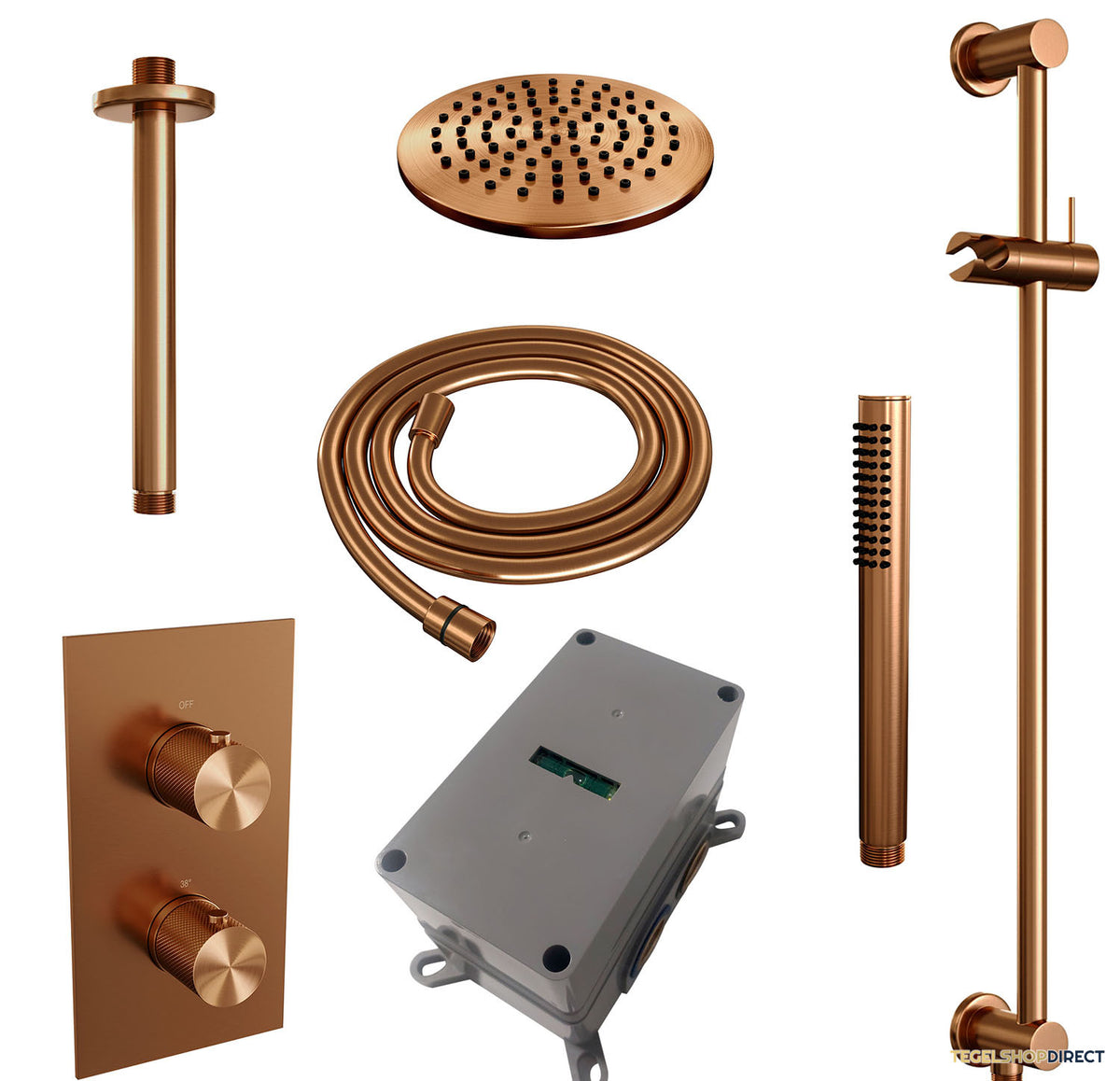 Regendoucheset Inbouw Brauer Copper Carving Thermostatisch 20cm met 3-Weg Omstelling, Plafondarm, Glijstang en Staaf Handdouche Geborsteld Koper – afbeelding 3