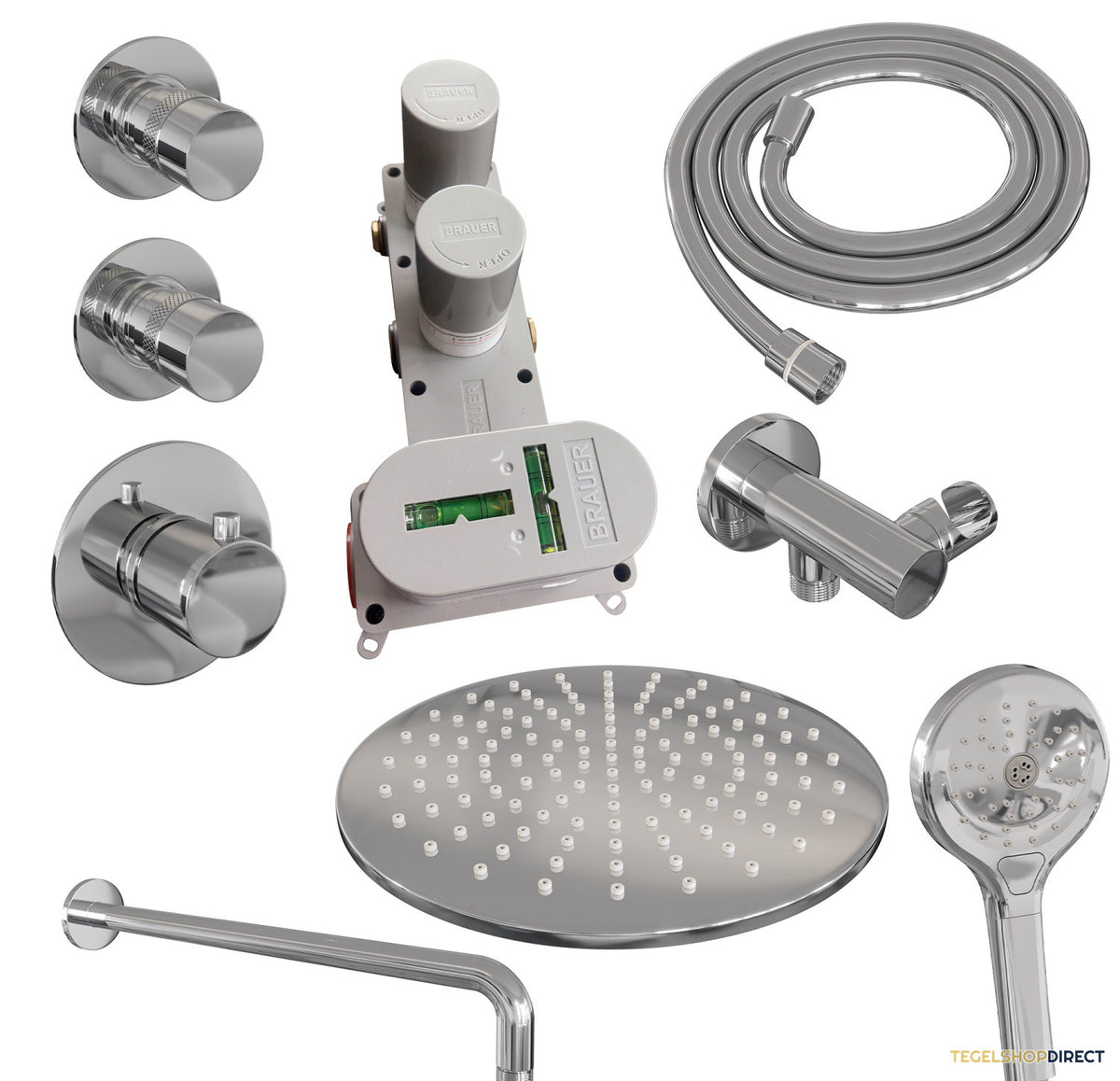 Regendoucheset Inbouw Brauer Chrome Edition Thermostatisch 30cm met Gebogen Wandarm en Handdouche 3-Standen Losse Stopkranen Chroom – afbeelding 10