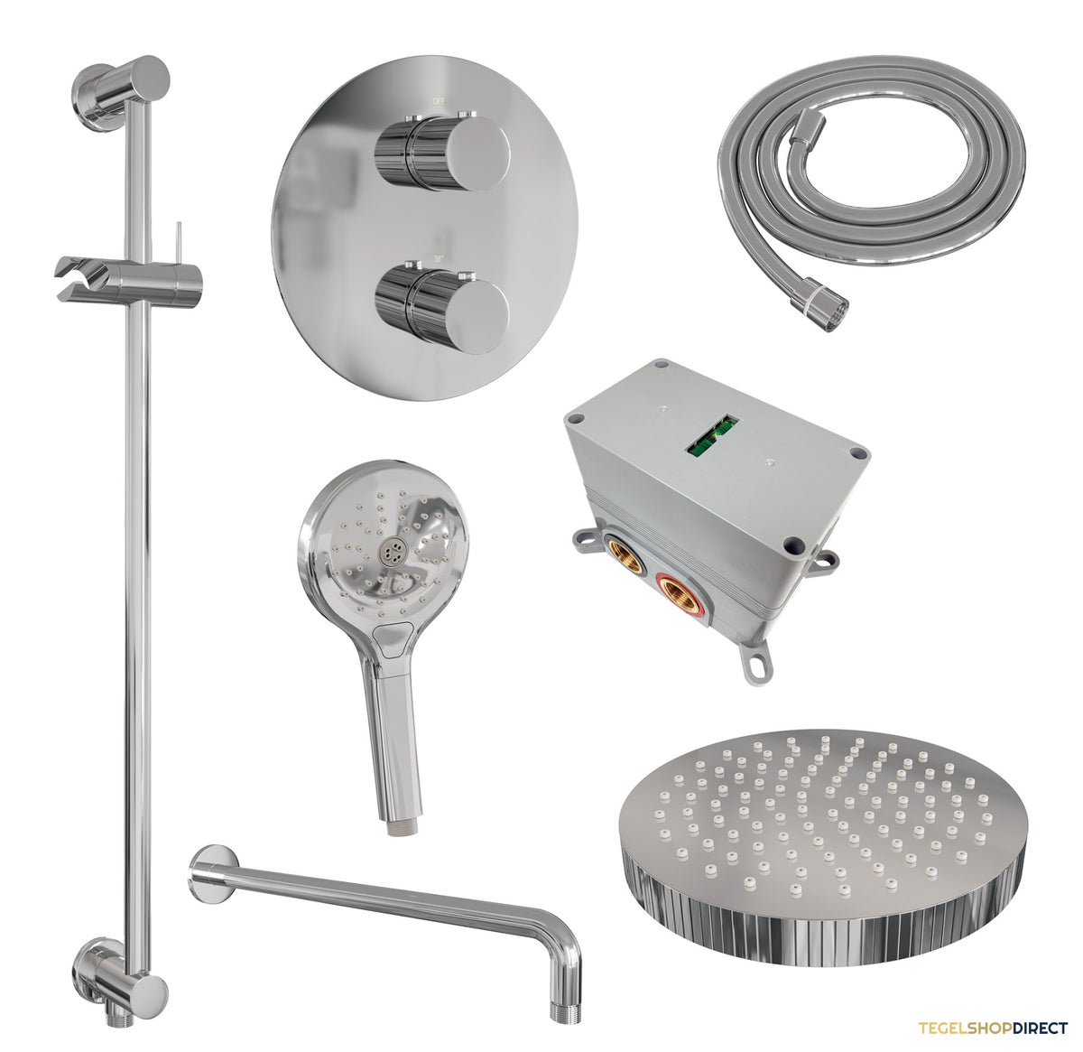 Brauer Stripe thermostatische inbouw regendouche 3-weg rond SET 47 met 25 cm douchekop en gebogen muurarm en 3-standen handdouche en doucheslang en geintegreerde glijstang chroom – afbeelding 3