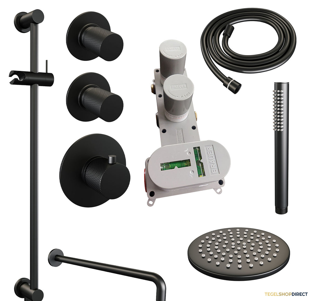 Regendoucheset Inbouw Brauer Black Carving Thermostatisch 20cm met Gebogen Wandarm, Glijstang en Handdouche Staaf Losse Stopkranen Mat Zwart – afbeelding 3
