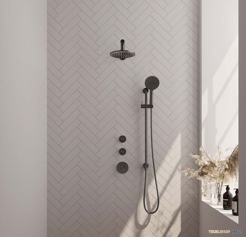 Regendoucheset Inbouw Brauer Gunmetal Carving Thermostatisch 20cm met Wandarm, Glijstang en Handdouche 3-Standen Losse Stopkranen Geborsteld Gunmetal