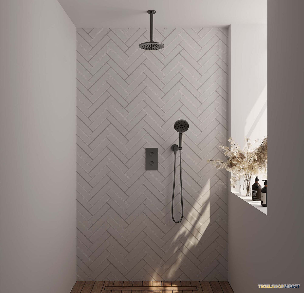 Regendoucheset Inbouw Brauer Gunmetal Edition Thermostatisch 20cm met 3-Weg Omstelling, Plafondarm en 3-Standen Handdouche Geborsteld Gunmetal – afbeelding 2