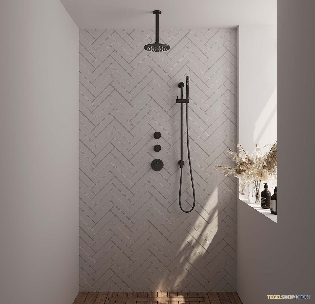 Regendoucheset Inbouw Brauer Black Carving Thermostatisch 20cm met Plafondarm, Glijstang en Handdouche Staaf Losse Stopkranen Mat Zwart – afbeelding 2