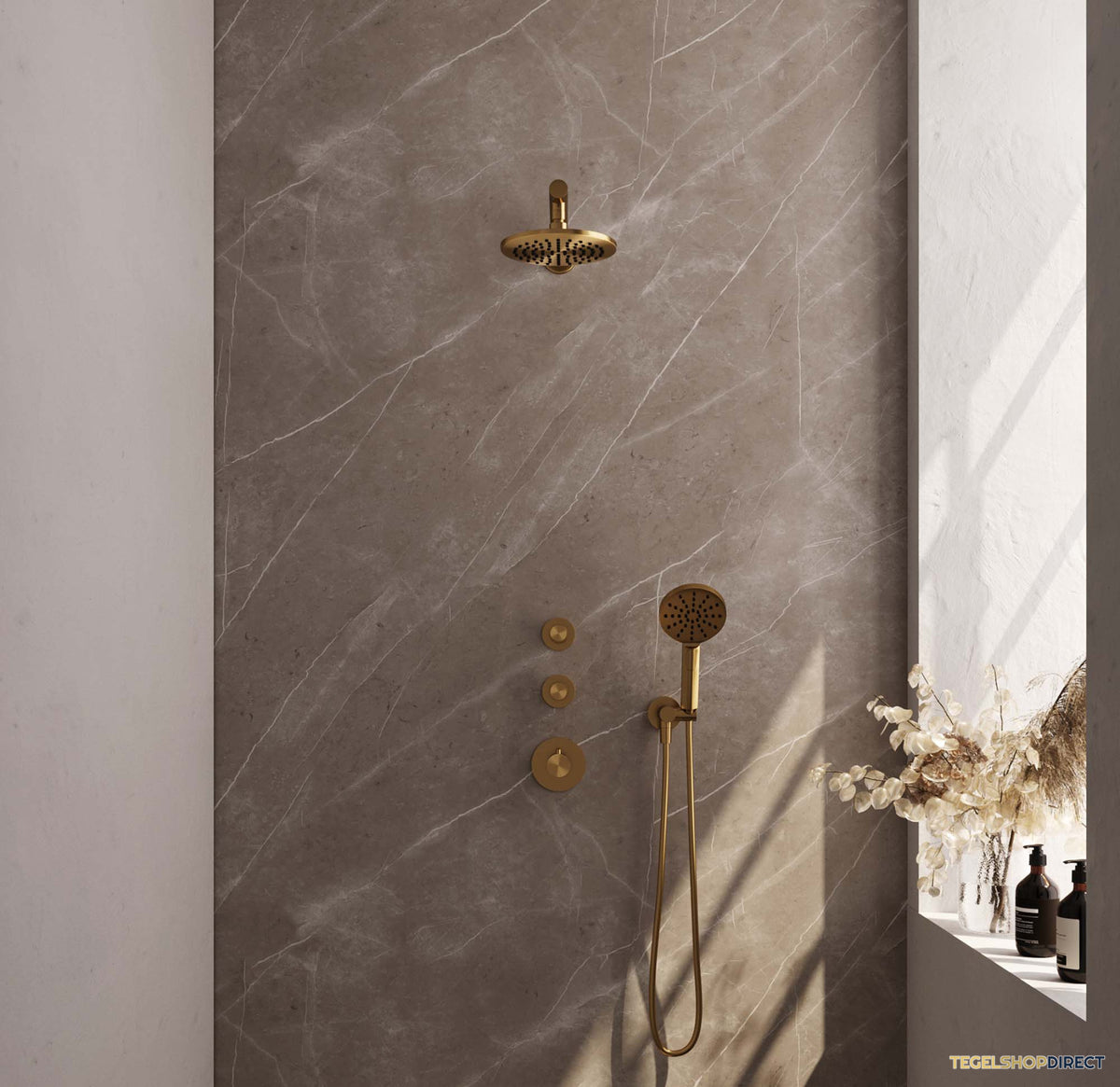 Regendoucheset Inbouw Brauer Gold Edition Thermostatisch 20cm met Wandarm en Handdouche 3-Standen Losse Stopkranen Geborsteld Goud