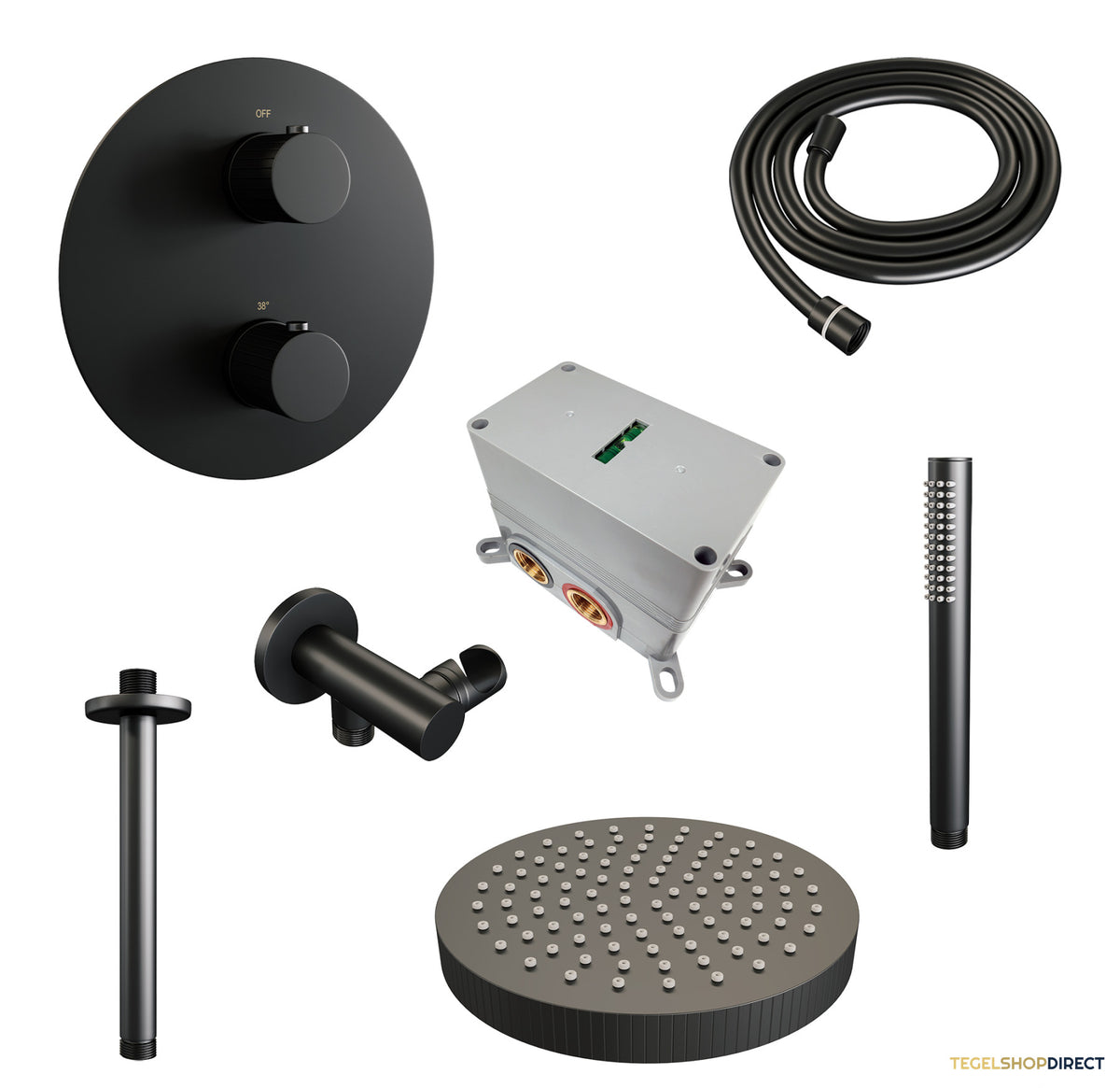 Brauer Stripe thermostatische inbouw regendouche 3-weg rond SET 39 met 25 cm douchekop en plafondarm en staaf handdouche en doucheslang en wandaansluitbocht mat zwart – afbeelding 3