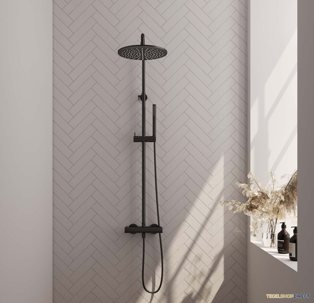 Regendouche Brauer Black Showerpipe met Thermostaat 30cm Mat Zwart