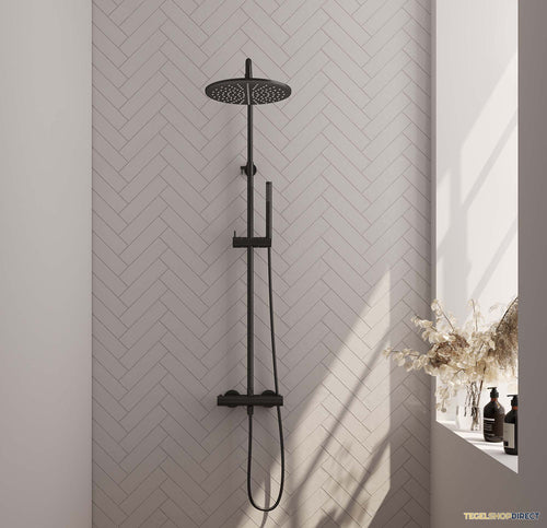 Regendouche Brauer Black Showerpipe met Thermostaat 30cm Mat Zwart