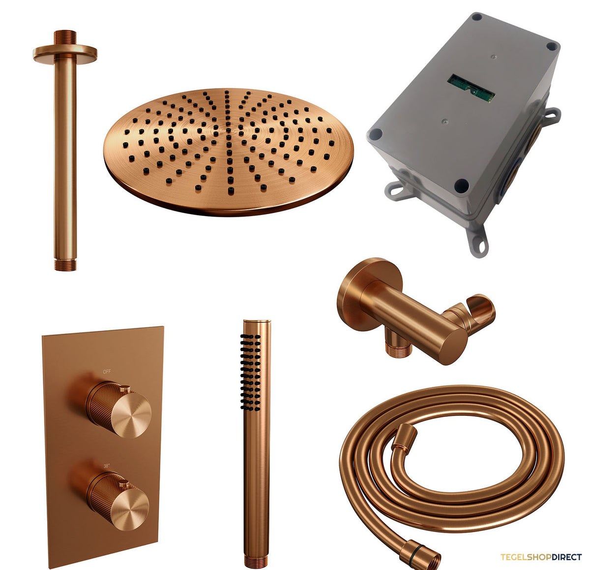 Regendoucheset Inbouw Brauer Copper Carving Thermostatisch 30cm met 3-Weg Omstelling, Plafondarm en Staaf Handdouche Geborsteld Koper – afbeelding 3