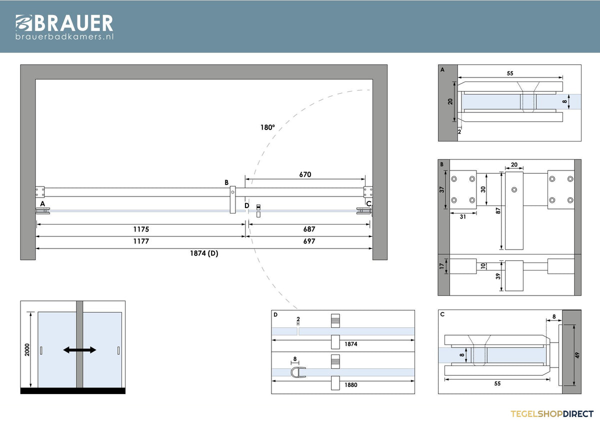 BRAUER Void nisdeur 2-delig helder glas 190x200 omkeerbaar met draaideur 70 aan muur incl. glascoating chroom – afbeelding 7