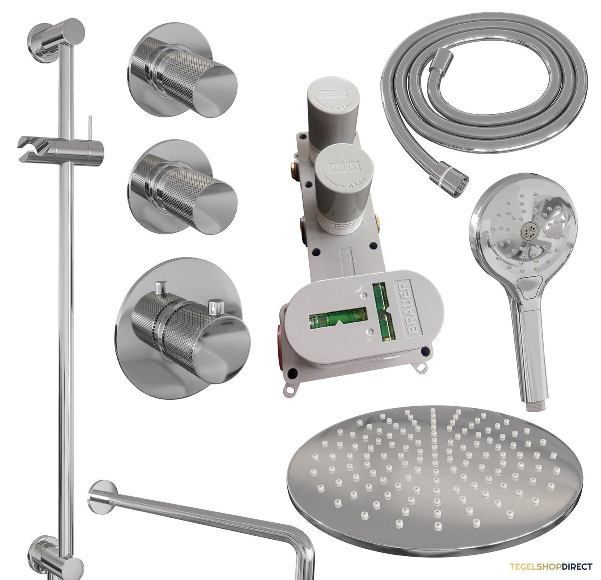 Regendoucheset Inbouw Brauer Chrome Carving Thermostatisch 30cm met Gebogen Wandarm, Glijstang en Handdouche 3-Standen Chroom – afbeelding 11