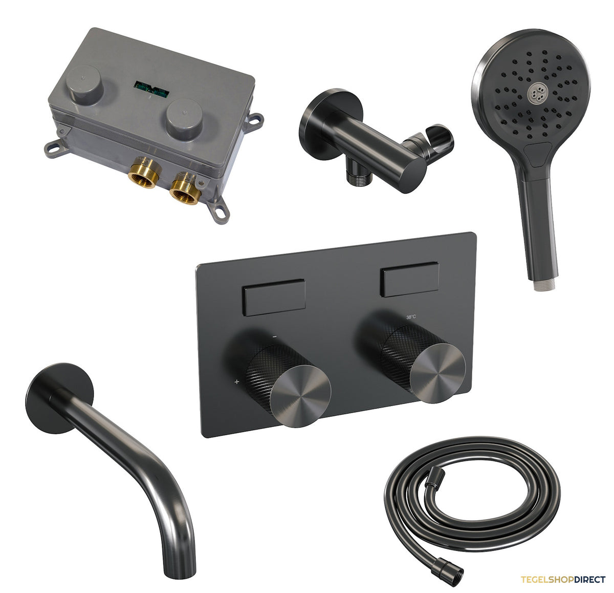 Inbouwthermostaat set Brauer Carving Met Drukknoppen Incl Baduitloop Gunmetal (Keuze Handdouche) – afbeelding 6