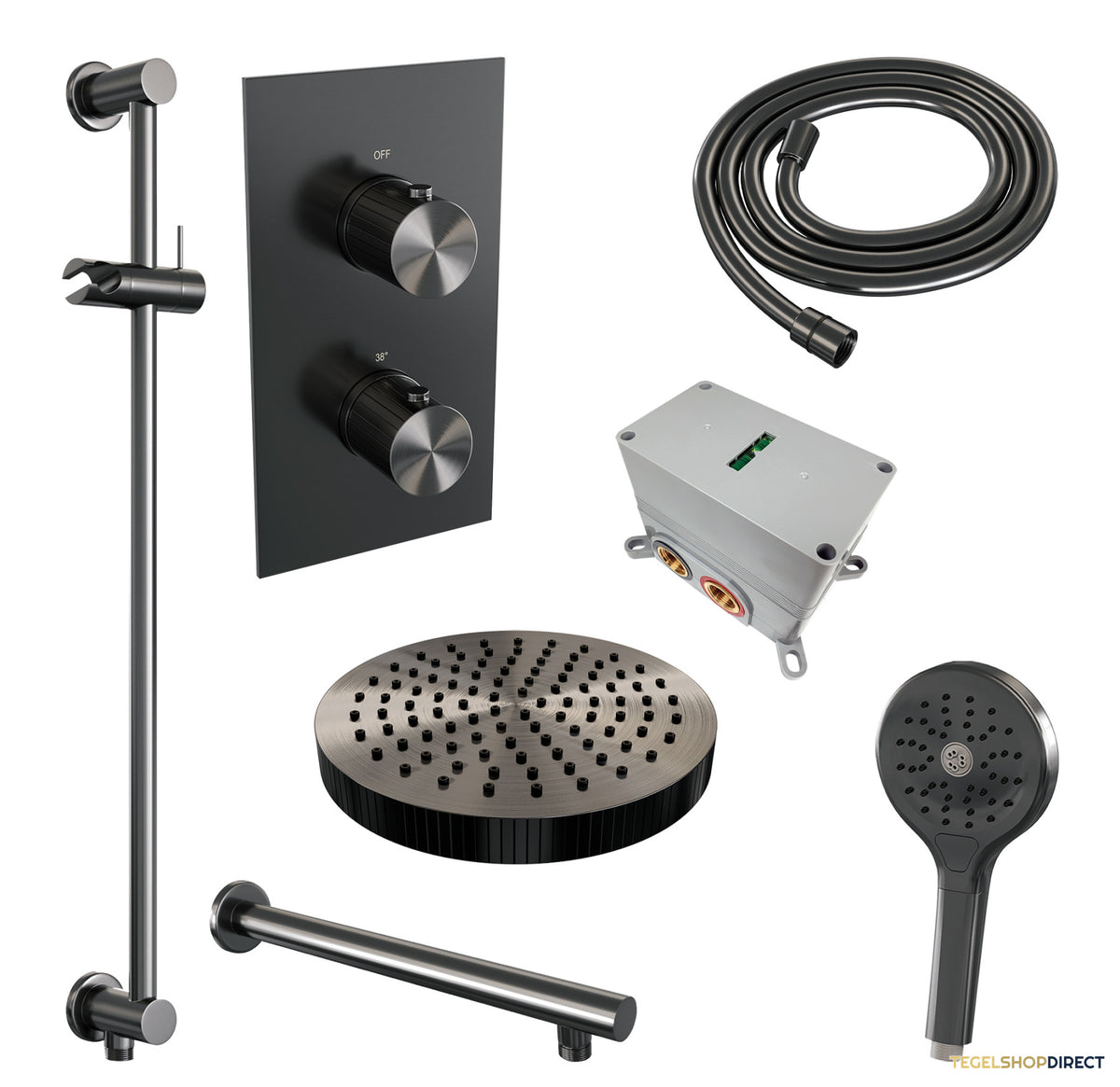 Brauer Stripe thermostatische inbouw regendouche 3-weg rechthoekig SET 22 met 25 cm douchekop en rechte muurarm en 3-standen handdouche en doucheslang en geintegreerde glijstang gunmetal geborsteld PVD – afbeelding 3