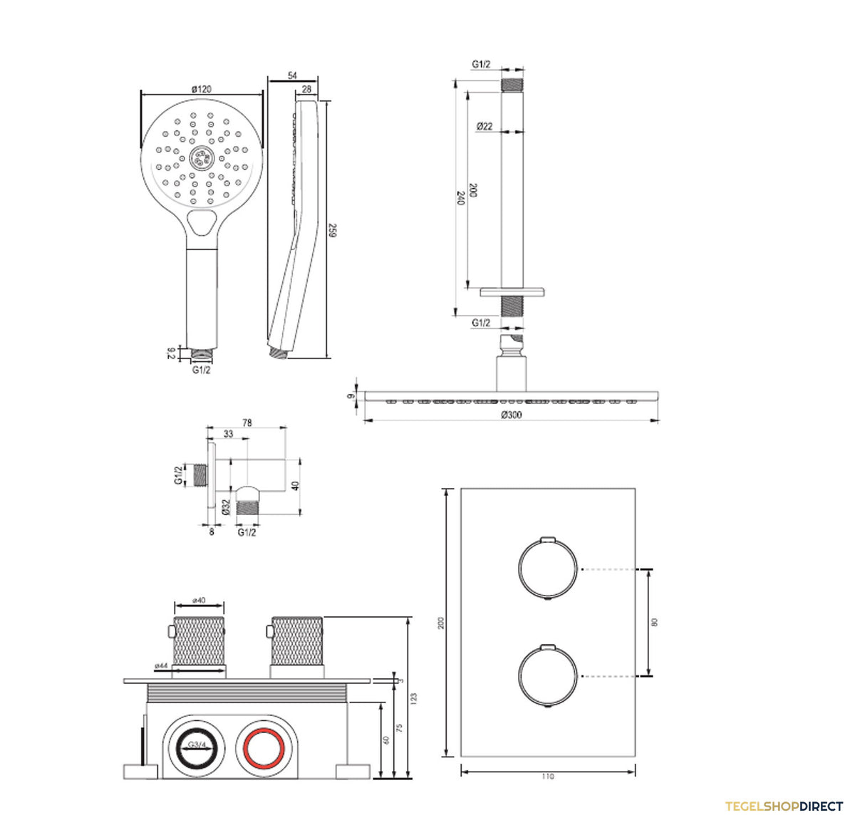 Regendoucheset Inbouw Brauer Brushed Carving Thermostatisch 30cm met 3-Weg Omstelling, Plafondarm en 3-Standen Handdouche Geborsteld RVS – afbeelding 11