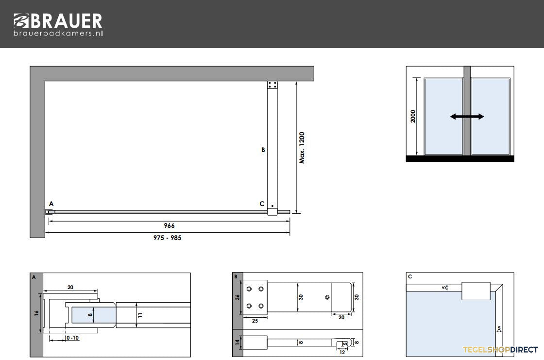 BRAUER Season inloopdouche model D helder glas 100x200 incl. glascoating Season-Mat Zwart – afbeelding 4
