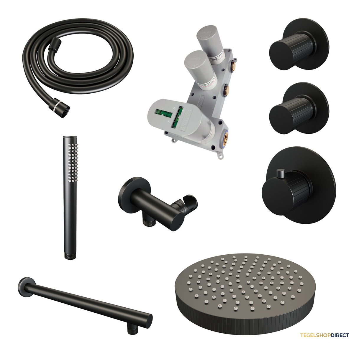 Brauer Stripe thermostatische inbouw regendouche SET 01 met 25 cm douchekop en rechte muurarm en staaf handdouche en doucheslang en wandaansluitbocht mat zwart – afbeelding 3