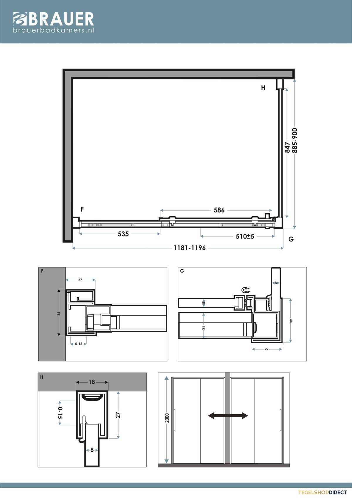 BRAUER Galactic Douchecabine Met Schuifdeur 120x90x200 Omkeerbaar Helder Glas Incl. Glascoating PVD RVS-Kleurig Geborsteld – afbeelding 5