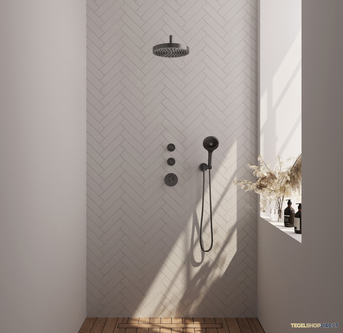 Brauer Stripe thermostatische inbouw regendouche SET 05 met 25 cm douchekop en gebogen muurarm en 3-standen handdouche en doucheslang en wandaansluitbocht gunmetal geborsteld PVD – afbeelding 2