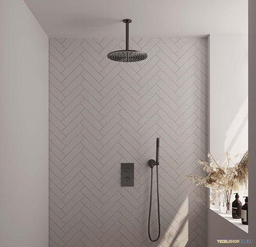 Regendoucheset Inbouw Brauer Gunmetal Carving Thermostatisch 30cm met 3-Weg Omstelling, Plafondarm en Staaf Handdouche Geborsteld Gunmetal