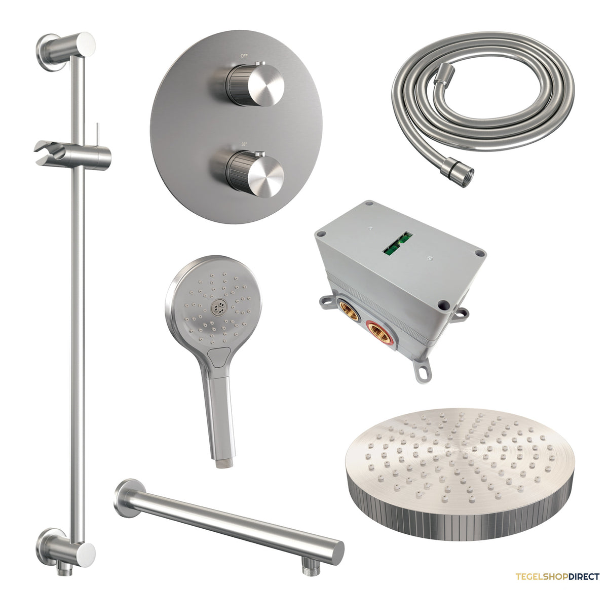 Brauer Stripe thermostatische inbouw regendouche 3-weg rond SET 46 met 25 cm douchekop en rechte muurarm en 3-standen handdouche en doucheslang en geintegreerde glijstang RVS-kleurig geborsteld PVD – afbeelding 3