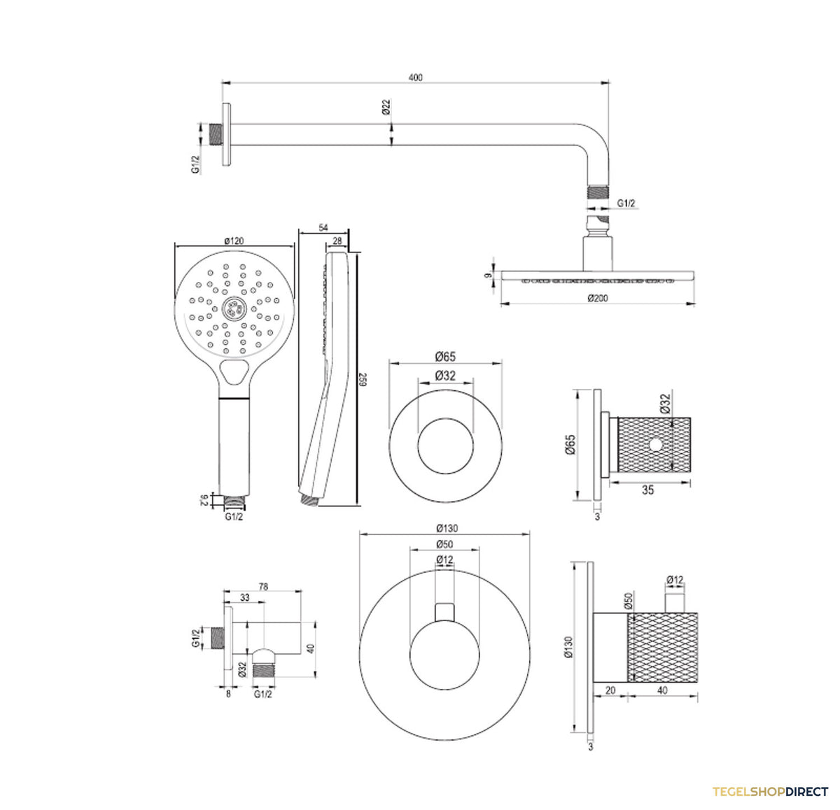 Regendoucheset Inbouw Brauer Copper Carving Thermostatisch 20cm met Gebogen Wandarm en Handdouche 3-Standen Losse Stopkranen Geborsteld Koper – afbeelding 12