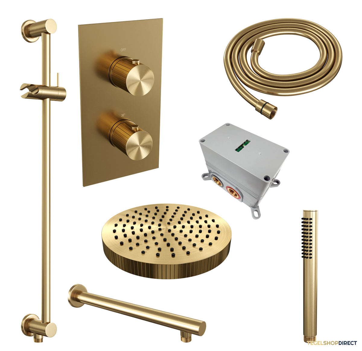 Brauer Stripe thermostatische inbouw regendouche 3-weg rechthoekig SET 19 met 25 cm douchekop en rechte muurarm en staaf handdouche en doucheslang en geintegreerde glijstang goud geborsteld PVD – afbeelding 3