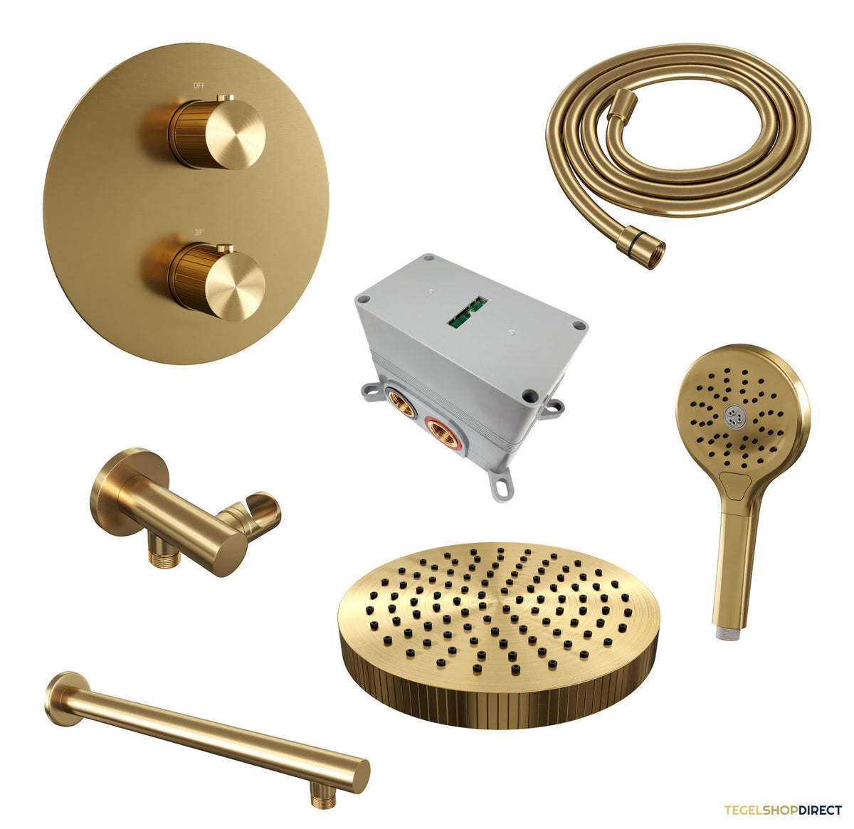 Brauer Stripe thermostatische inbouw regendouche 3-weg rond SET 40 met 25 cm douchekop en rechte muurarm en 3-standen handdouche en doucheslang en wandaansluitbocht goud geborsteld PVD – afbeelding 3