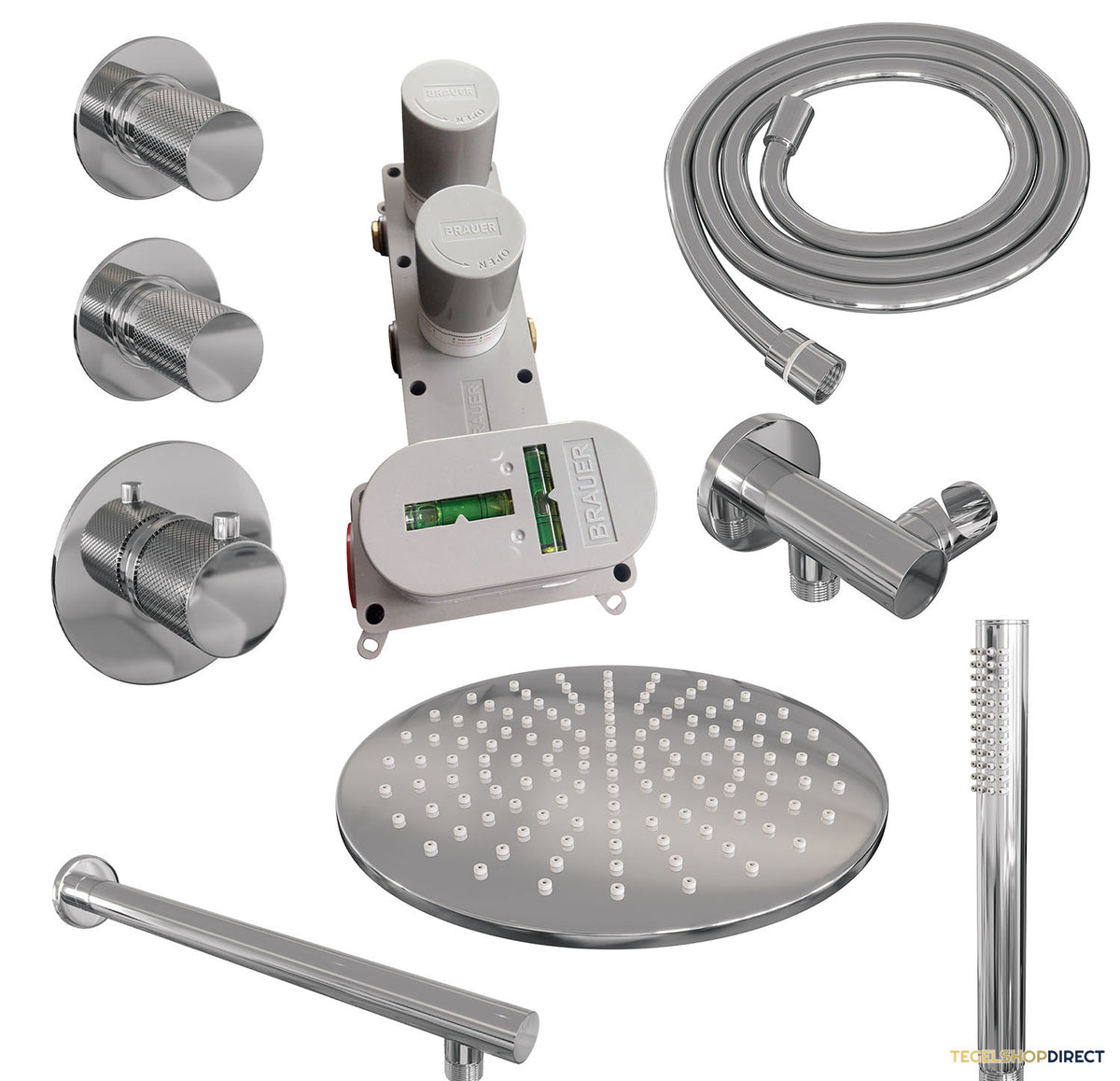 Regendoucheset Inbouw Brauer Chrome Carving Thermostatisch 30cm met Wandarm en Handdouche Staaf Losse Stopkranen Chroom – afbeelding 2