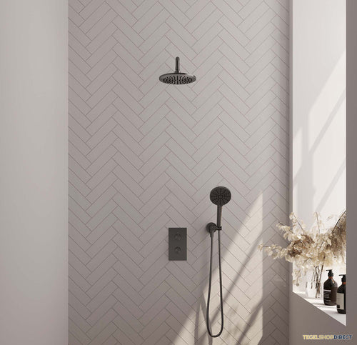 Regendoucheset Inbouw Brauer Gunmetal Carving Thermostatisch 20cm met 3-Weg Omstelling, Gebogen Wandarm en 3-Standen Handdouche Geborsteld Gunmetal