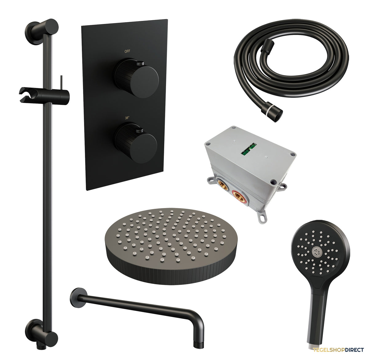 Brauer Stripe thermostatische inbouw regendouche 3-weg rechthoekig SET 23 met 25 cm douchekop en gebogen muurarm en 3-standen handdouche en doucheslang en geintegreerde glijstang mat zwart – afbeelding 3