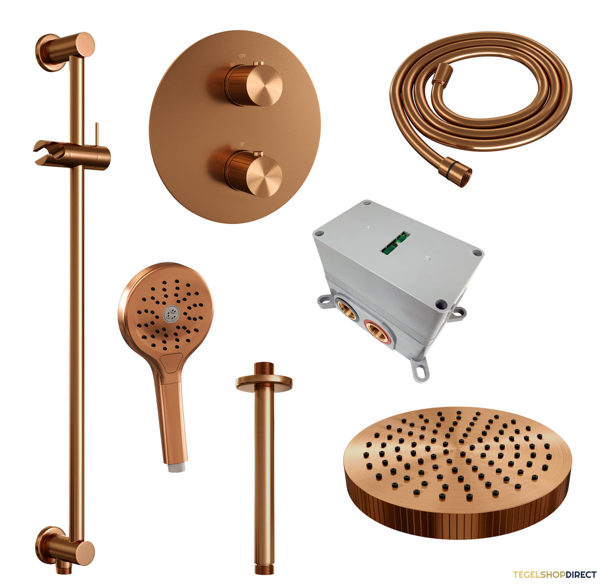Brauer Stripe thermostatische inbouw regendouche 3-weg rond SET 48 met 25 cm douchekop en plafondarm en 3-standen handdouche en doucheslang en geintegreerde glijstang koper geborsteld PVD – afbeelding 3