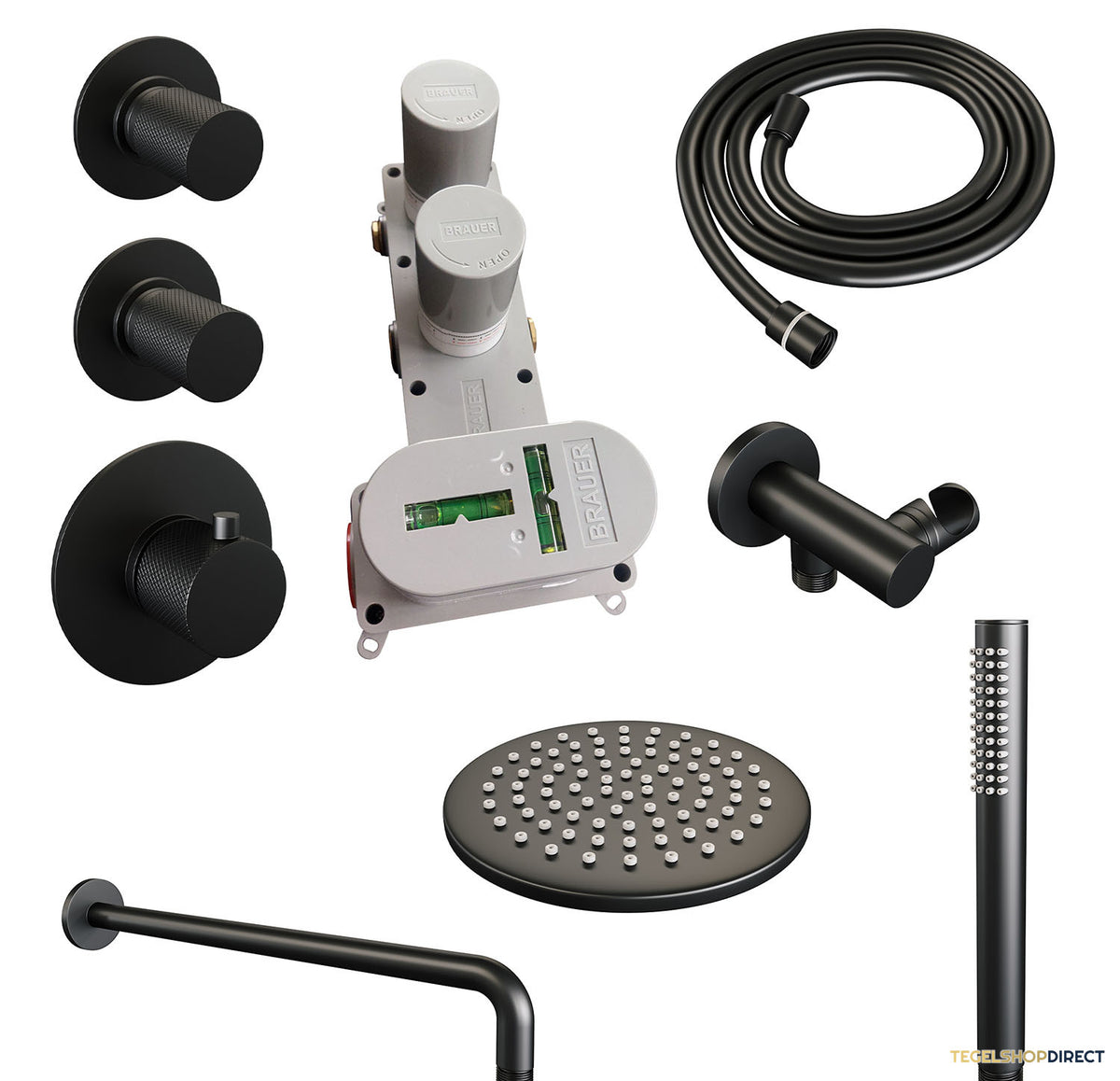 Regendoucheset Inbouw Brauer Black Carving Thermostatisch 20cm met Gebogen Wandarm en Handdouche Staaf Losse Stopkranen Mat Zwart – afbeelding 3
