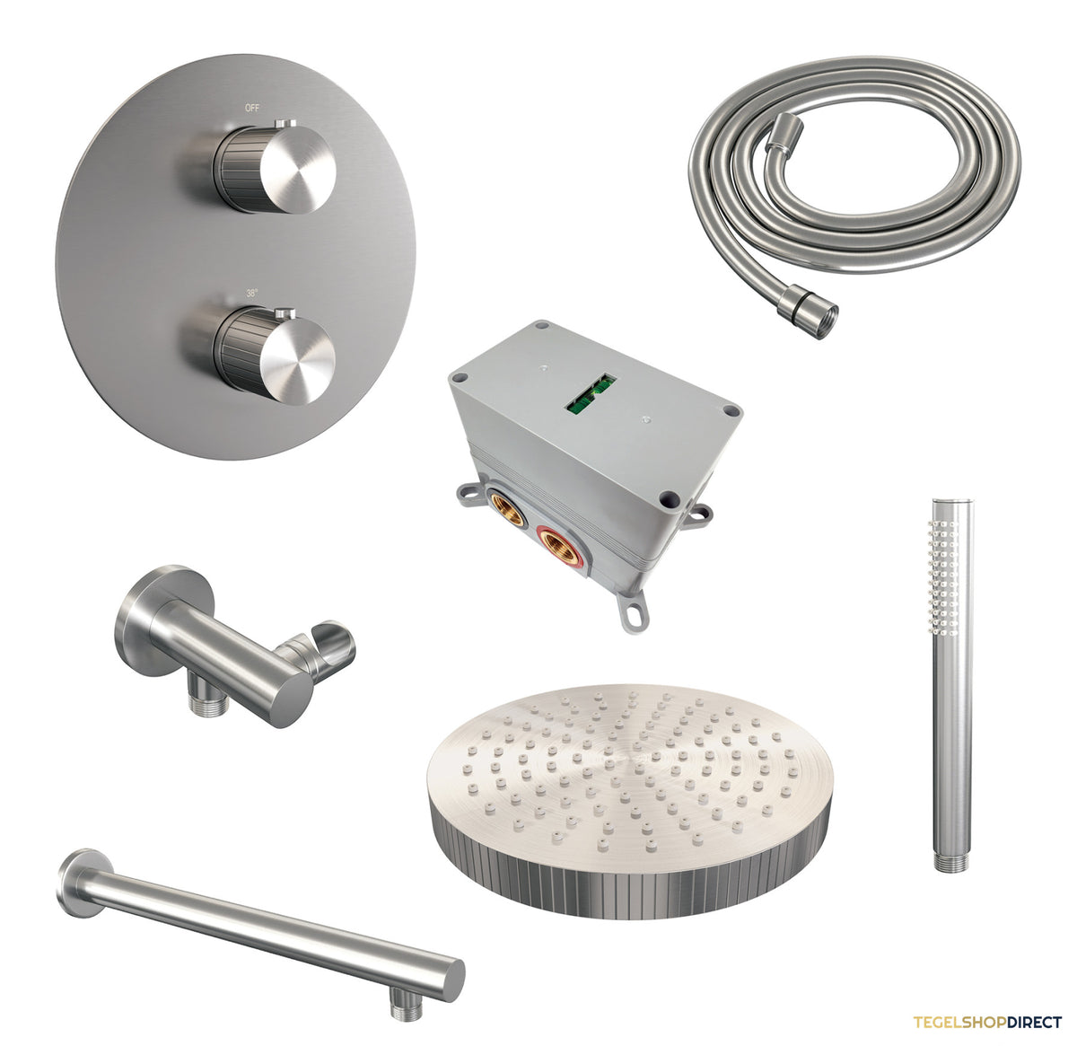 Brauer Stripe thermostatische inbouw regendouche 3-weg rond SET 37 met 25 cm douchekop en rechte muurarm en staaf handdouche en doucheslang en wandaansluitbocht RVS-kleurig geborsteld PVD – afbeelding 3