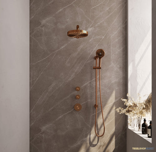 Brauer Stripe thermostatische inbouw regendouche SET 10 met 25 cm douchekop en rechte muurarm en 3-standen handdouche en doucheslang en geintegreerde glijstang koper geborsteld PVD