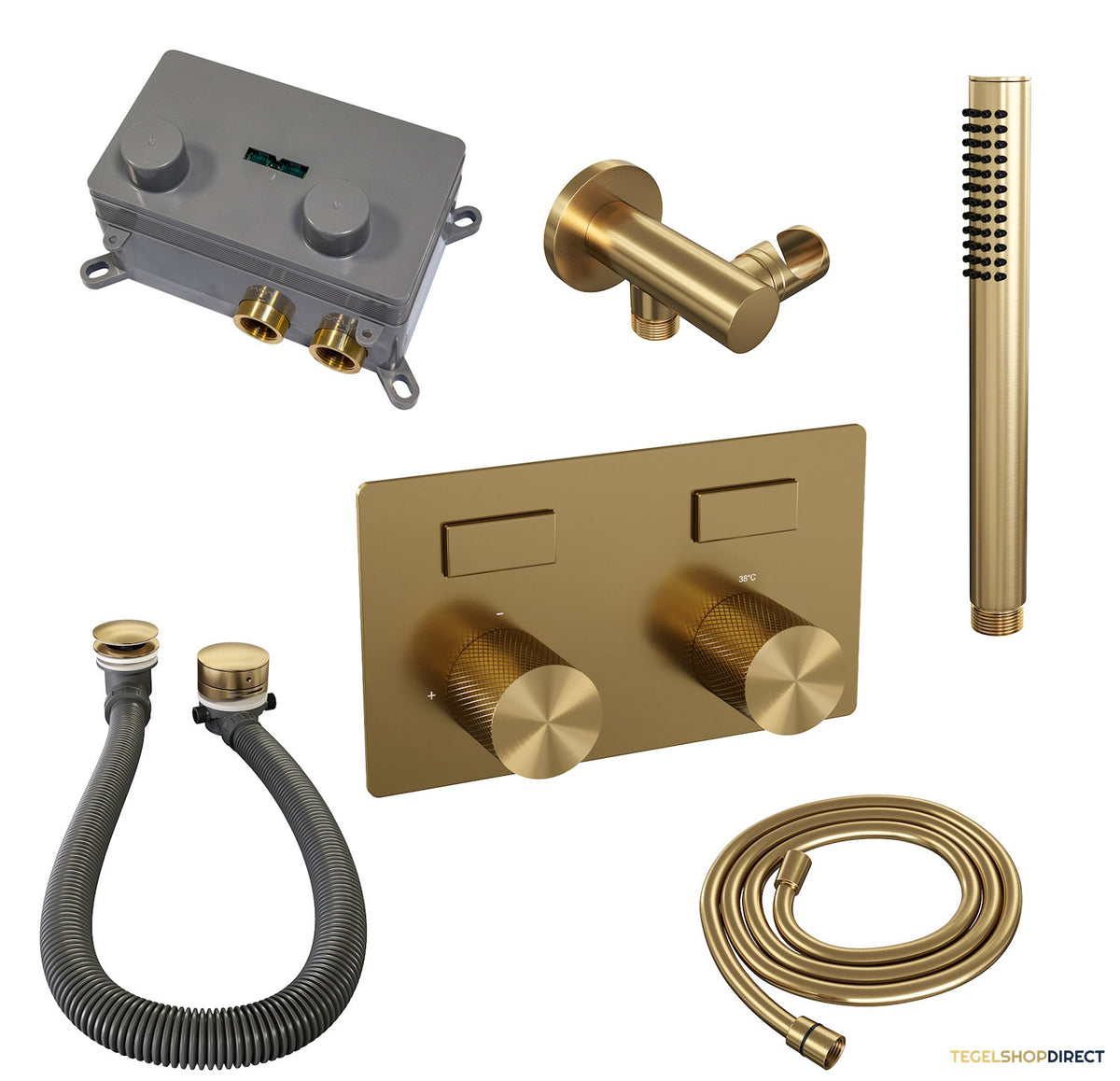 Inbouwthermostaat set Brauer Carving Met Drukknoppen Incl Baduitloop en Afvoer Goud (Keuze Handdouche) – afbeelding 5