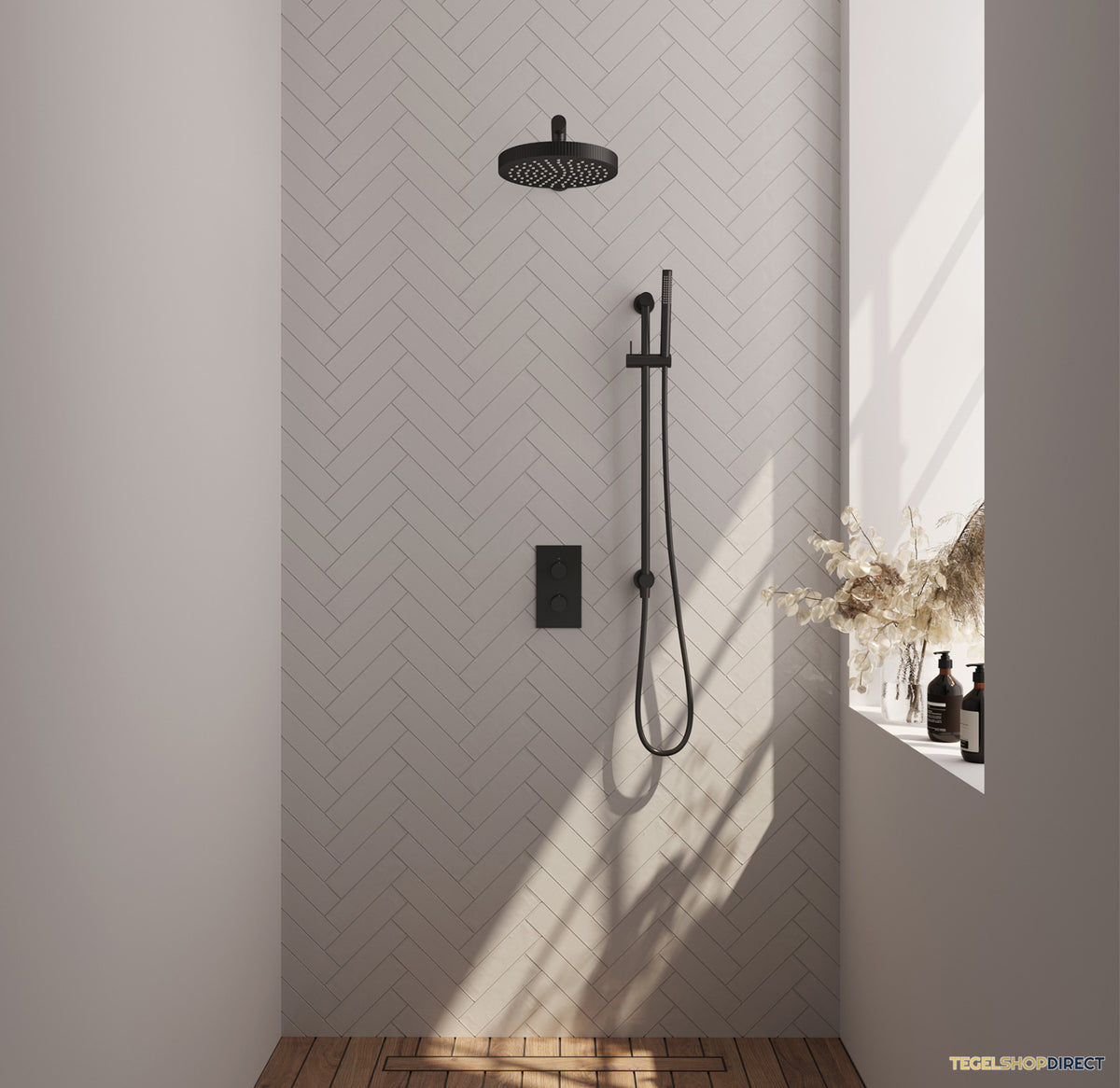 Brauer Stripe thermostatische inbouw regendouche 3-weg rechthoekig SET 19 met 25 cm douchekop en rechte muurarm en staaf handdouche en doucheslang en geintegreerde glijstang mat zwart – afbeelding 2