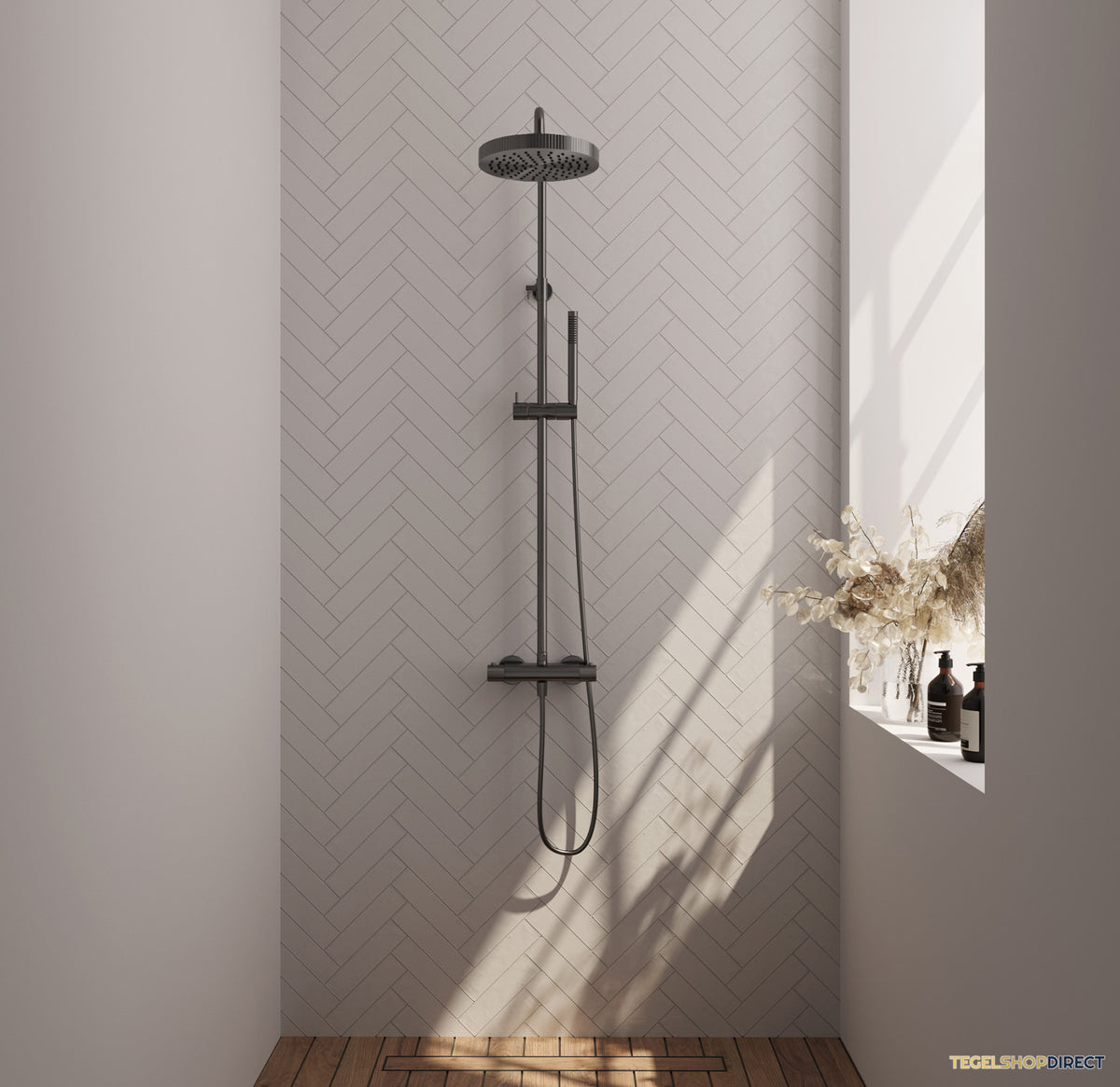 Brauer Stripe opbouw thermostatische regendouche SET 01 met 25 cm hoofddouche en staaf handdouche en doucheslang gunmetal geborsteld PVD – afbeelding 2
