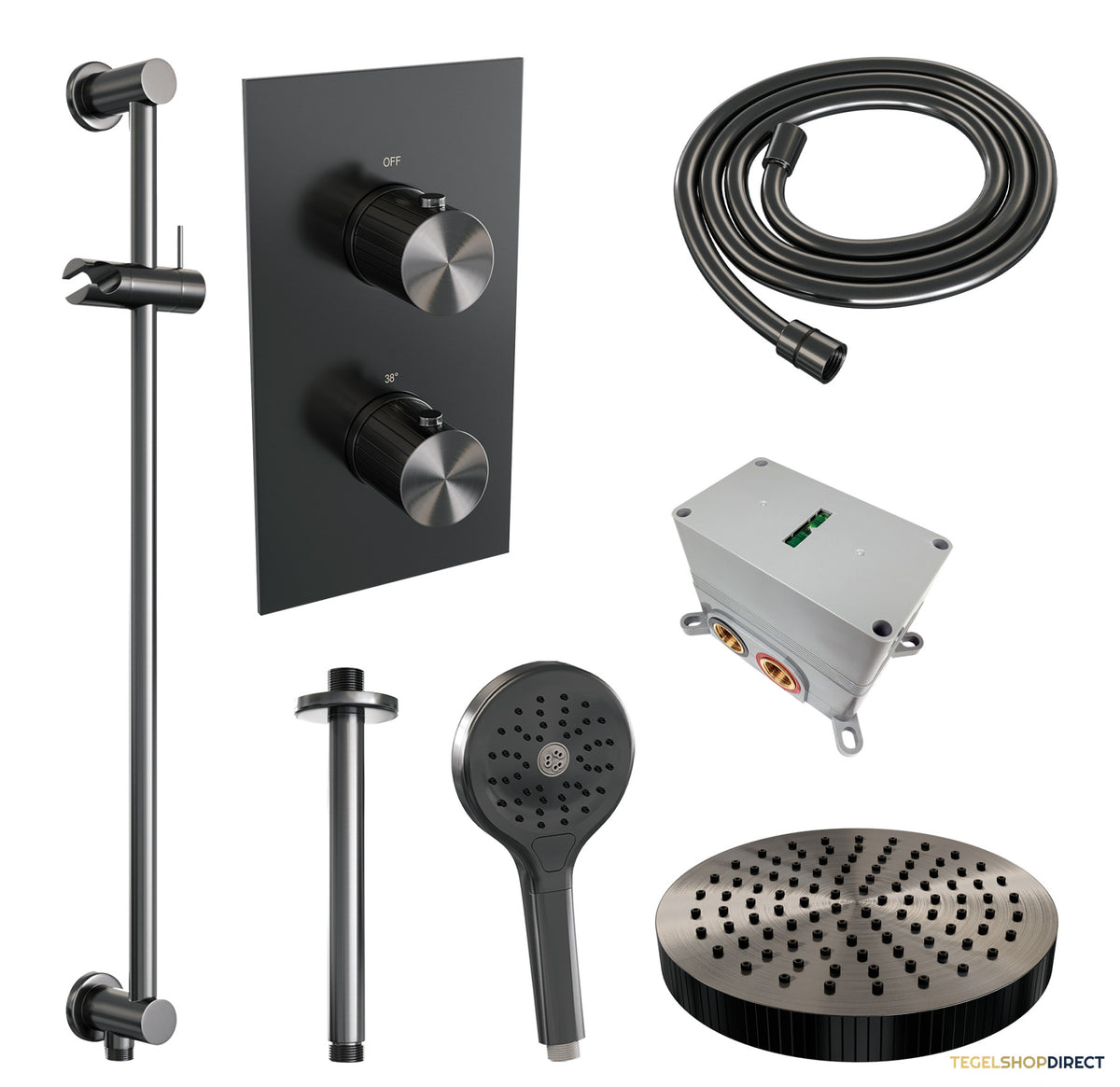 Brauer Stripe thermostatische inbouw regendouche 3-weg rechthoekig SET 24 met 25 cm douchekop en plafondarm en 3-standen handdouche en doucheslang en geintegreerde glijstang gunmetal geborsteld PVD – afbeelding 3