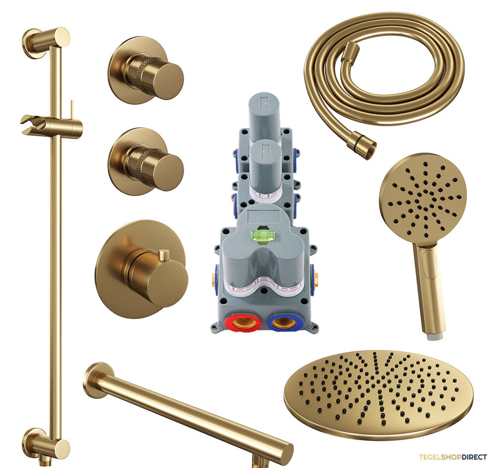 Regendoucheset Inbouw Brauer Gold Edition Thermostatisch 30cm met Wandarm, Glijstang en Handdouche 3-Standen Losse Stopkranen Geborsteld Goud – afbeelding 2
