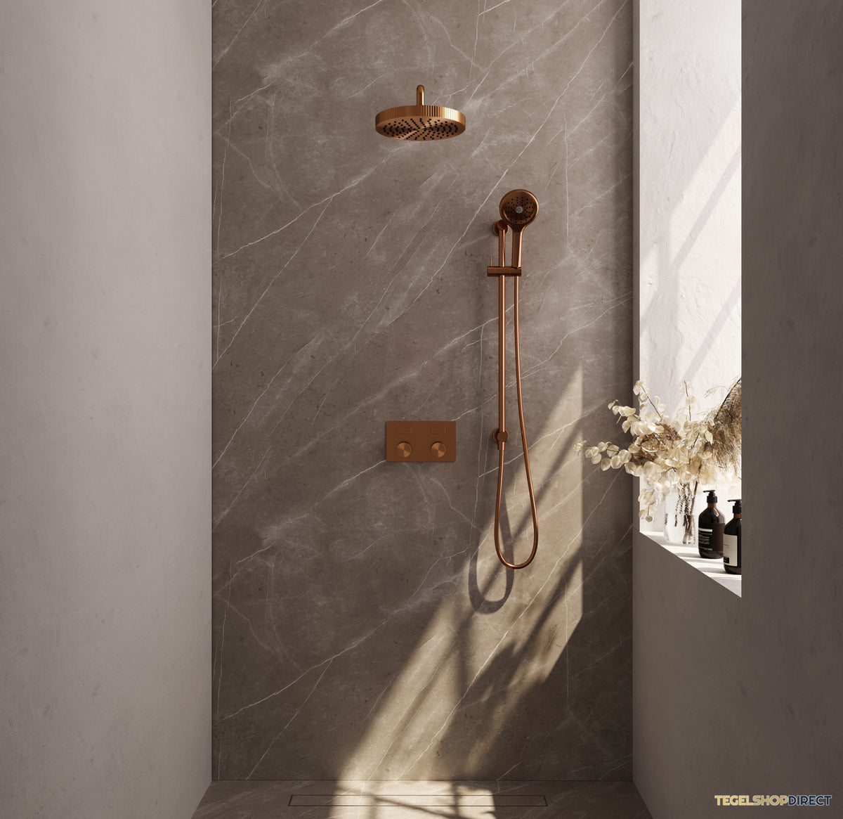 Brauer Stripe thermostatische inbouw regendouche met drukknoppen SET 35 met 25 cm douchekop en gebogen muurarm en 3-standen handdouche en doucheslang en geintegreerde glijstang koper geborsteld PVD – afbeelding 2