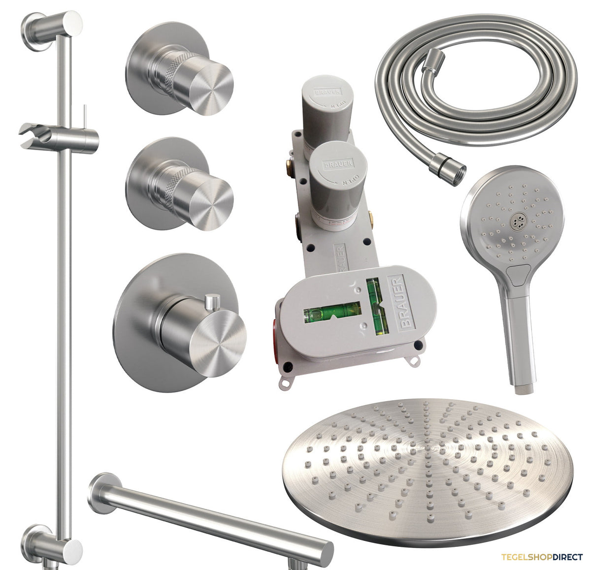 Thermostatisch Inbouwdoucheset Brauer Brushed 30cm Hoofddouche Wandarm 3 Standen Handdouche op Glijstang Geborsteld RVS – afbeelding 4