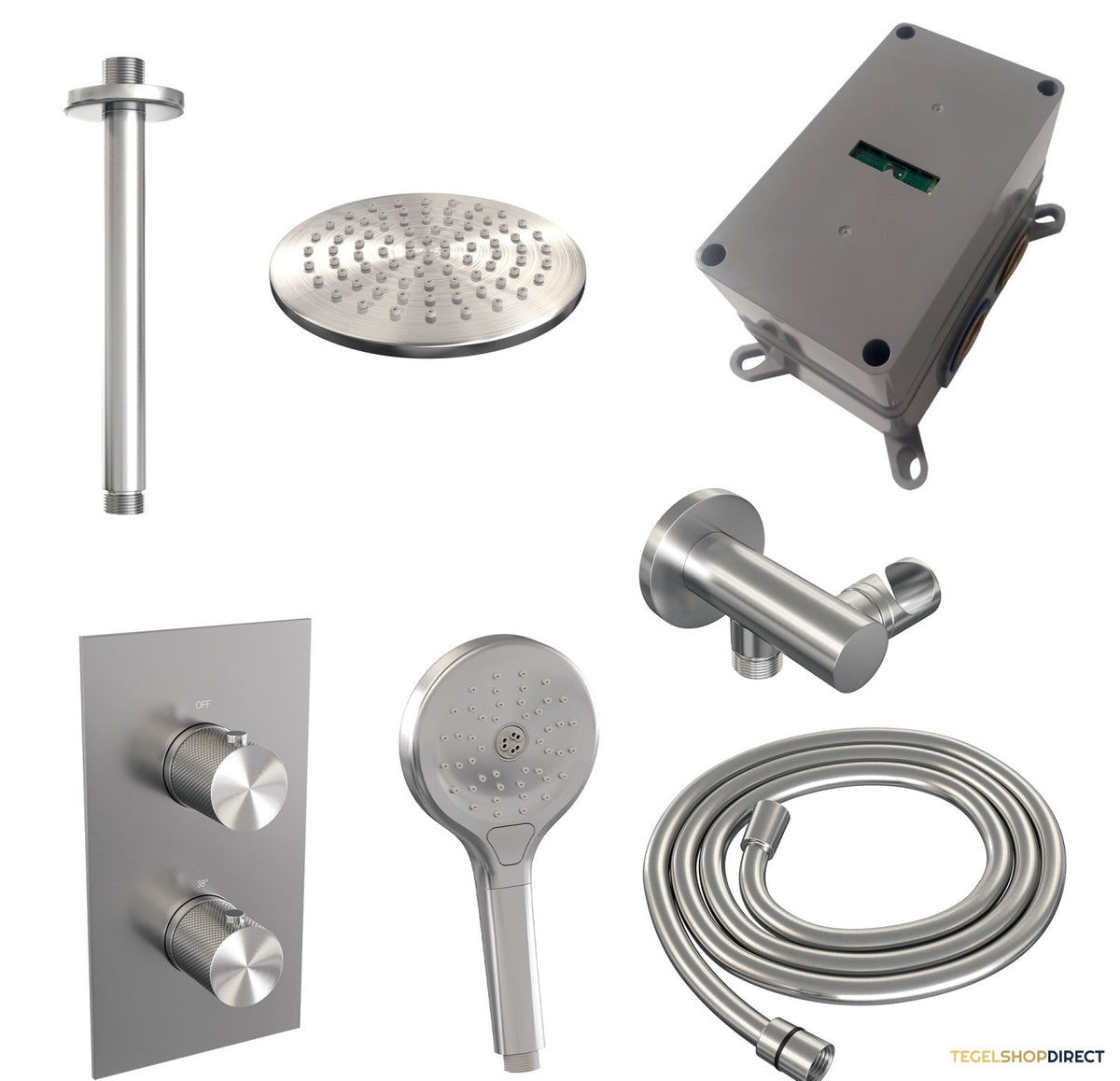Regendoucheset Inbouw Brauer Brushed Carving Thermostatisch 20cm met 3-Weg Omstelling, Plafondarm en 3-Standen Handdouche Geborsteld RVS – afbeelding 11
