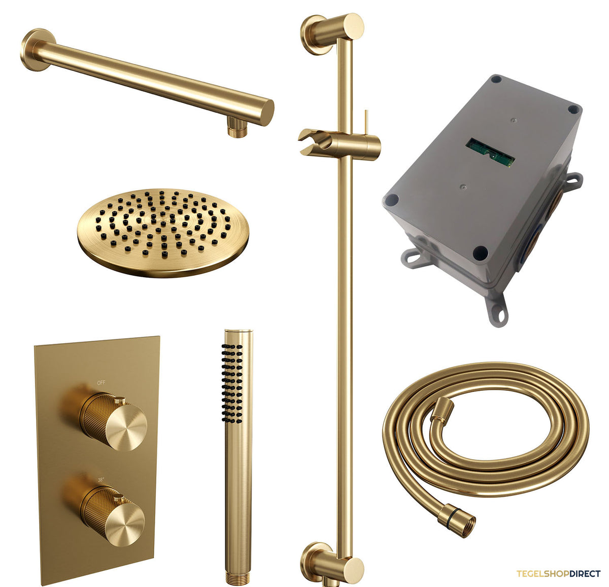 Regendoucheset Inbouw Brauer Gold Carving Thermostatisch 20cm met 3-Weg Omstelling, Wandarm, Glijstang en Staaf Handdouche Geborsteld Goud – afbeelding 4
