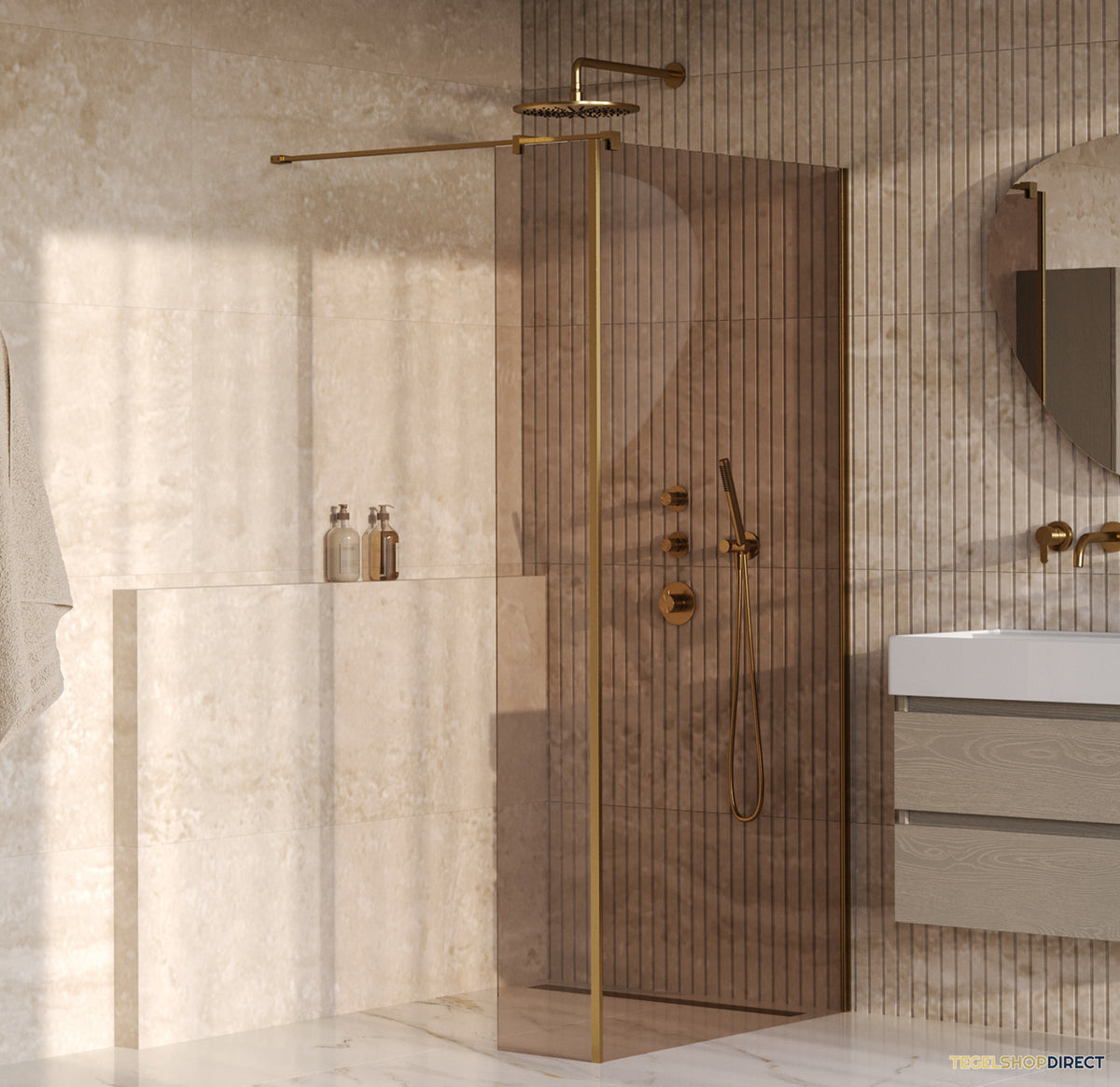 BRAUER Oblivion inloopdouche brons glas 90x200 met zijwand 30 incl. glascoating PVD goud geborsteld