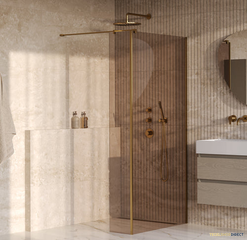 BRAUER Oblivion inloopdouche brons glas 90x200 met zijwand 30 incl. glascoating PVD goud geborsteld