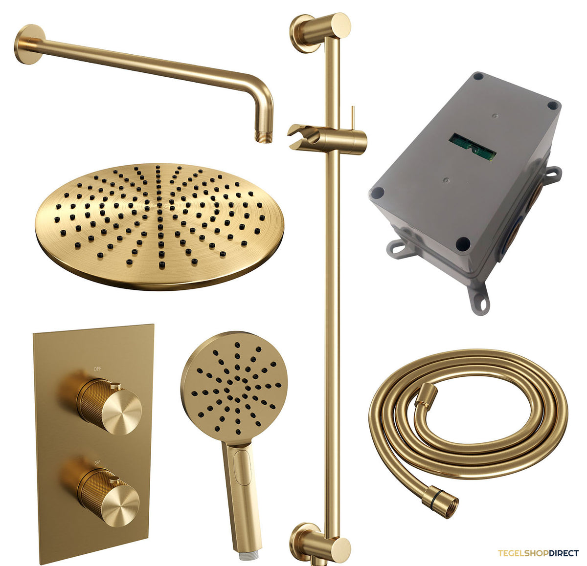 Regendoucheset Inbouw Brauer Gold Carving Thermostatisch 30cm 3-Weg Omstelling Gebogen Wandarm Glijstang en 3-Standen Handdouche Geborsteld Goud – afbeelding 4